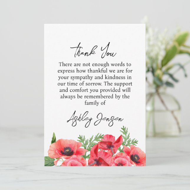 Cartão De Agradecimento Sympathy Poppy Funeral Thank You Card (Em pé/Frente)