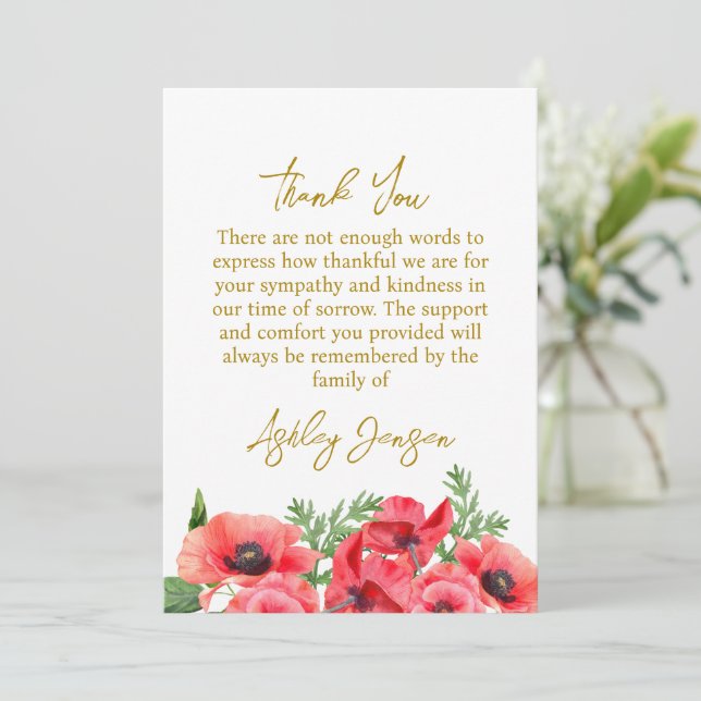 Cartão De Agradecimento Sympathy Poppy Funeral Thank You Card (Em pé/Frente)