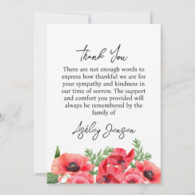 Cartão De Agradecimento Sympathy Poppy Photo Funeral Thank You Card (Verso)