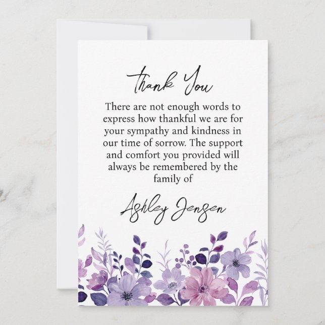 Cartão De Agradecimento Sympathy Purple Floral Thank You Card (Verso)