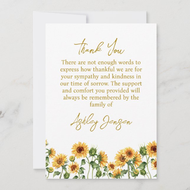 Cartão De Agradecimento Sympathy Sunflower Funeral Thank You Card (Verso)