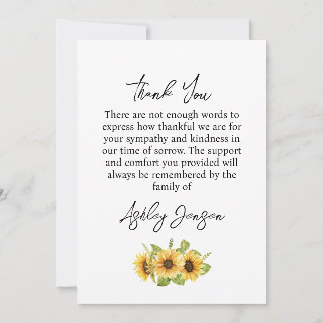 Cartão De Agradecimento Sympathy Sunflower Funeral Thank You Card (Verso)