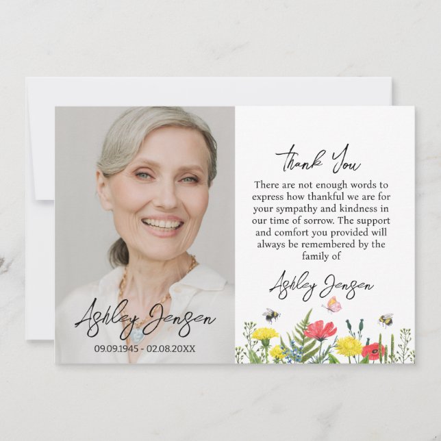 Cartão De Agradecimento Sympathy Wildflower Photo Funeral Thank You Card (Frente)