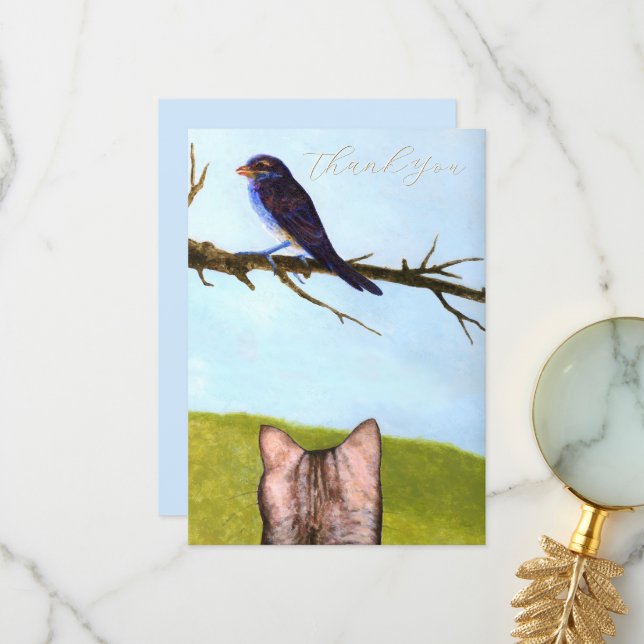 Cartão De Agradecimento Tabby Cats Talk to Birds Thank You Card (Frente/Verso In Situ)