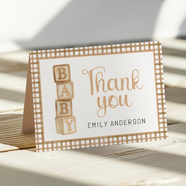 Cartão de Agradecimento Taupe Gingham para Bebê |  (Thank You Card)