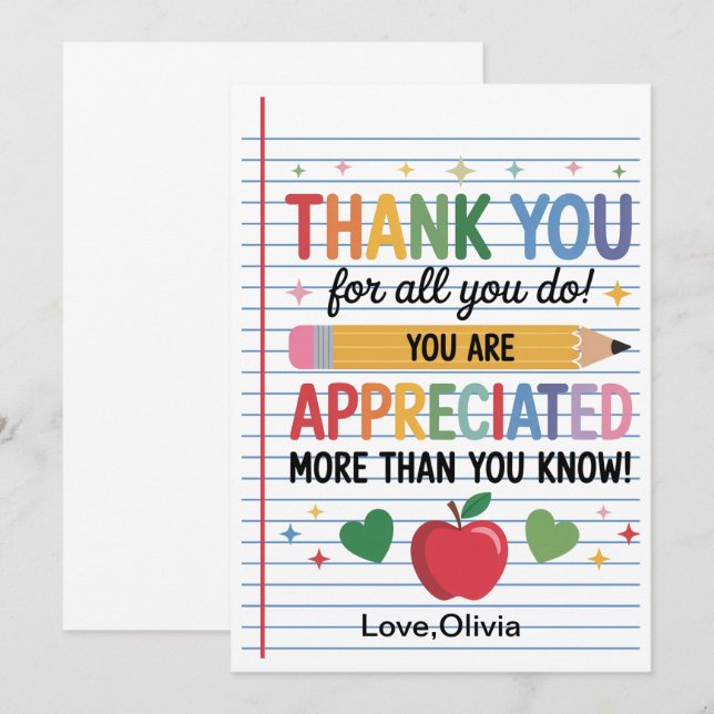 Cartão De Agradecimento Teacher Appreciation Week  – Heartfelt Gratitude (Frente/Verso)