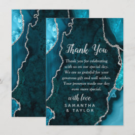 Cartão De Agradecimento Teal and Silver Agate Marble Wedding Thank You