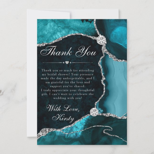 Cartão De Agradecimento Teal and Silver Faux Glitter Agate Bridal Shower (Frente)