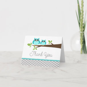 Cartão De Agradecimento Teal Blue Owl Gray Chevron Baby Shower Thank You