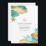 Cartão De Agradecimento Teal e Dourada Bat Tropical Mitzvah<br><div class="desc">Expresse sua gratidão com este elegante obrigado, perfeito para uma comemoração Bat Mitzvah ou judia. Apresentando um design tropical com folhas de palma de chá e ouro e uma Estrela de David, esta carta combina lindamente o estilo moderno com o simbolismo tradicional. Totalmente personalizável, é uma maneira séria de obrigado...</div>