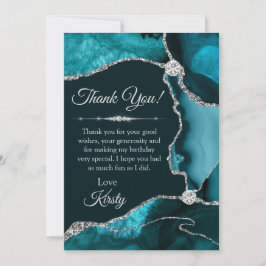 Cartão De Agradecimento Teal e Prata Glitter Agate Aniversário