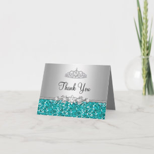 Cartão De Agradecimento Teal Glitter & Diamond Tiara Thank You Card