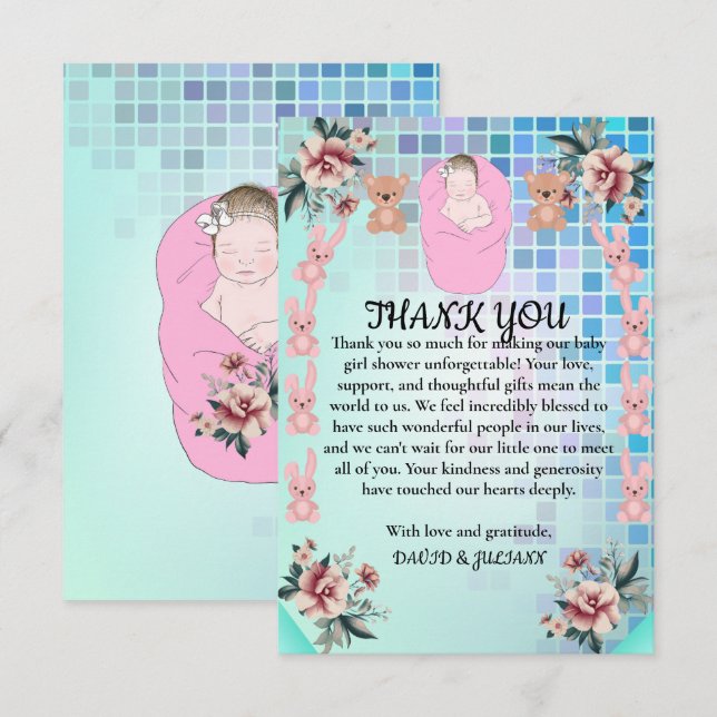 Cartão De Agradecimento Teal Modern Boho Floral Princess Baby Chá (Frente/Verso)