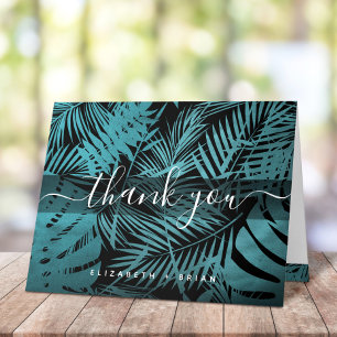 Cartão De Agradecimento Teal tropical palm leaf pattern calligraphy script