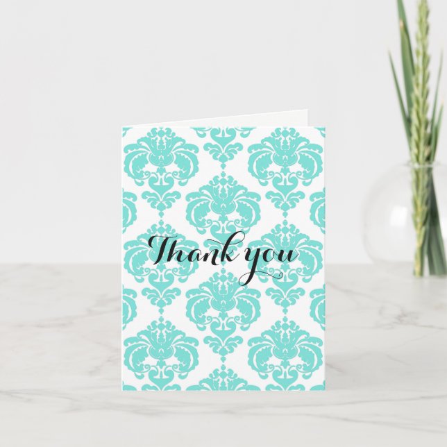 Cartão De Agradecimento Teal & White Damask Chic Modern Elegante Obrigado (Frente)