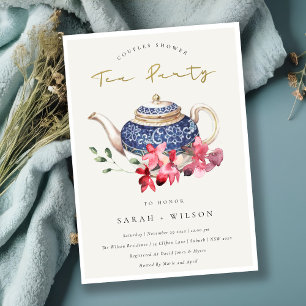 Cartão De Agradecimento Teapot Red Floral Casais Chá Tea Party Convidar
