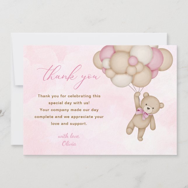 Cartão De Agradecimento Teddy Bear Baby Shower Pink (Frente)