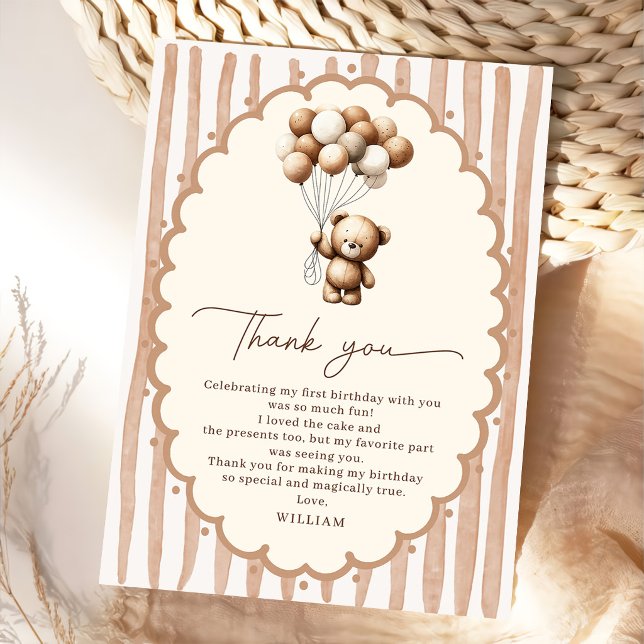 Cartão De Agradecimento Teddy Bear Balloons Brown Stripes Birthday (Criador carregado)