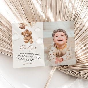 Cartão De Agradecimento Teddy Bear, Balões Marrons, Primeiro Aniversário