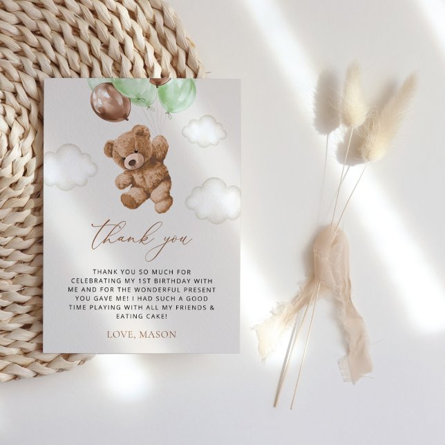 Cartão De Agradecimento Teddy Bear, Balões Verdes, Primeiro Aniversário (Criador carregado)