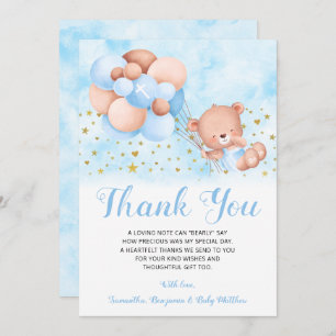 Cartão De Agradecimento Teddy Bear Blue Balloons Gold Stars Baptism