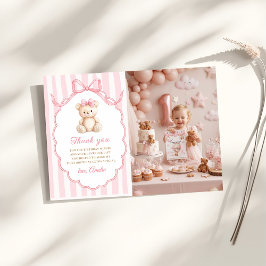 Cartão De Agradecimento Teddy Bear Girls Pink Bow Stripes 1st Birthday