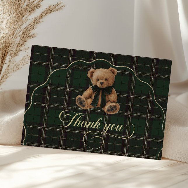 Cartão De Agradecimento Teddy Bear Green Tartan Baby Shower  (teddy bear baby shower, green tartan baby shower, baby shower thank you card, baby shower printable,)