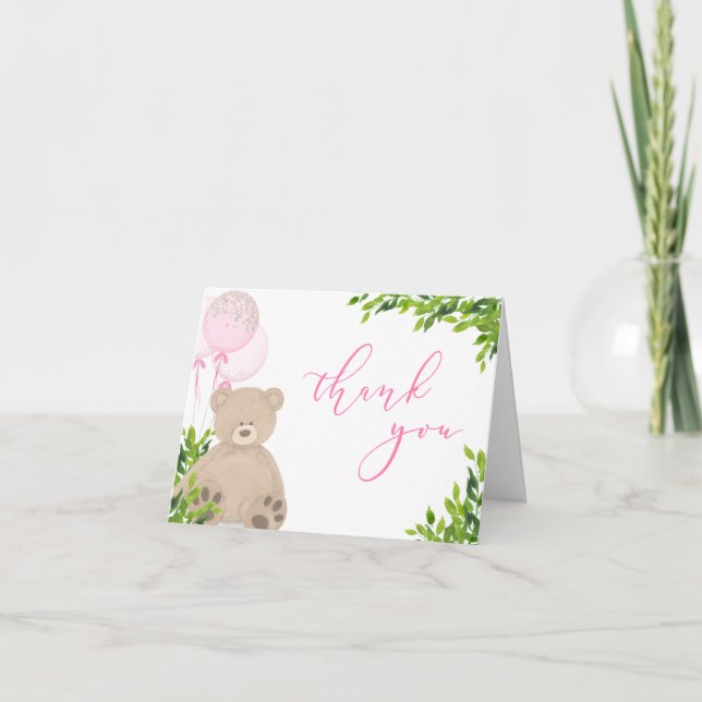 Cartão De Agradecimento Teddy Bear Pink Balloon Greenery Girl Baby Shower (Frente)