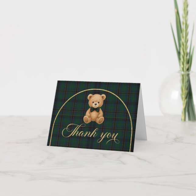 Cartão De Agradecimento Teddy Bear Tartan Baby Shower Thank You Card (Frente)