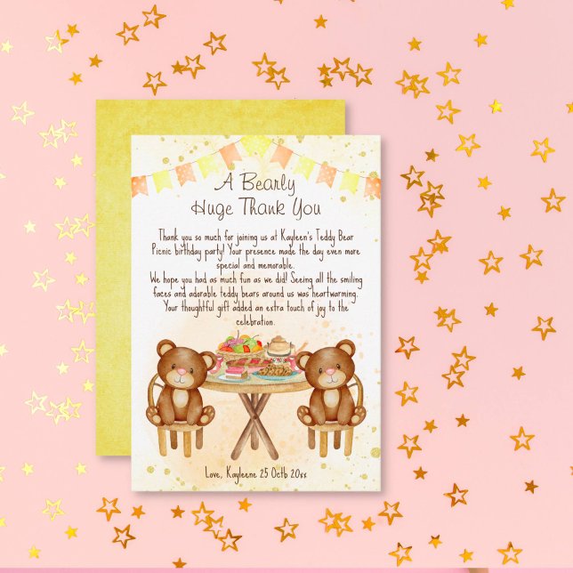 Cartão De Agradecimento Teddy urge festa de aniversário piquenique (Teddy bear picnic birthday thank you card two cute teddies at the picnic party table)