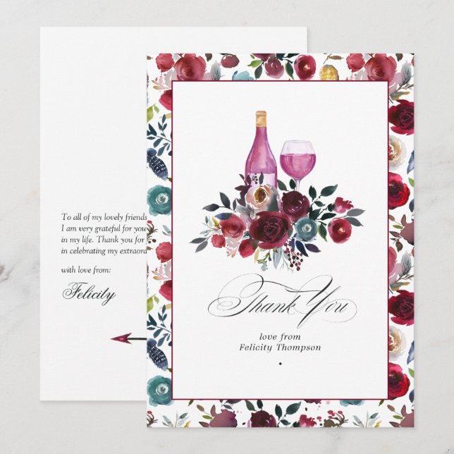 Cartão De Agradecimento Tema Boho Burgundy & Dusty Blue Wine Bachelorette (Frente/Verso)