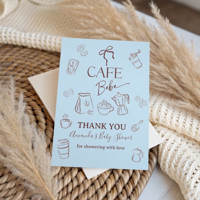 Cartão De Agradecimento Tema de Café Blue Bow Cafe Chá de Bebê Bebe Boy (Criador carregado)