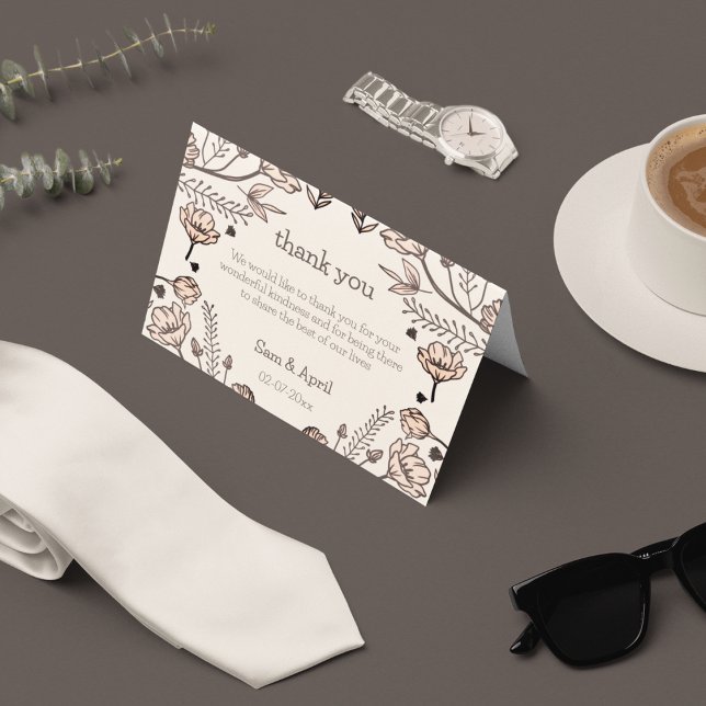 Cartão De Agradecimento Tema de Casamento Floral Brown (Thank you card to place on guest table with a royal floral theme)