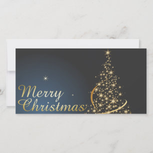 Cartão De Agradecimento Tema de Natal Azul com Árvore de Natal Dourada