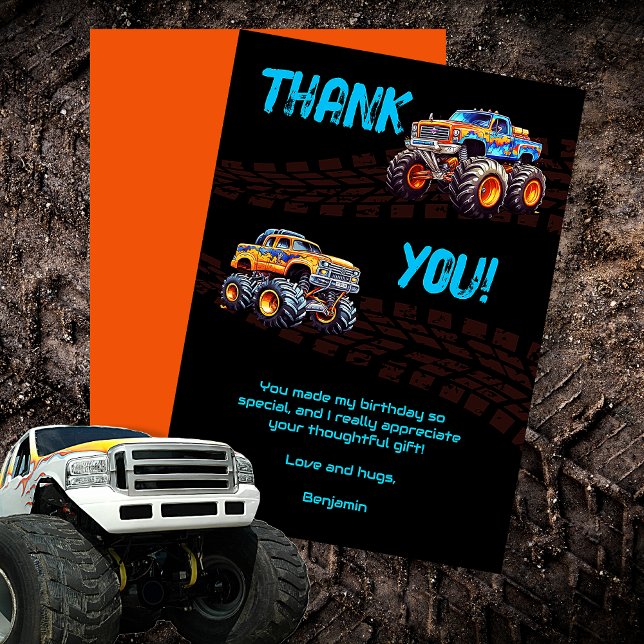 Cartão De Agradecimento Tema do Menino do Monstro de Caminhão Bash (Boy's Monster Truck Theme Birthday Bash Thank You Card)