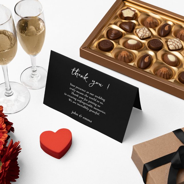 Cartão De Agradecimento Tema Elegante de Casamento Negro e Branco (Thank your guests for attending your wedding with a simple note)