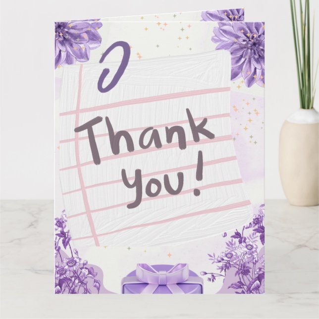 Cartão De Agradecimento Tema Roxo de Aniversário (Frente)