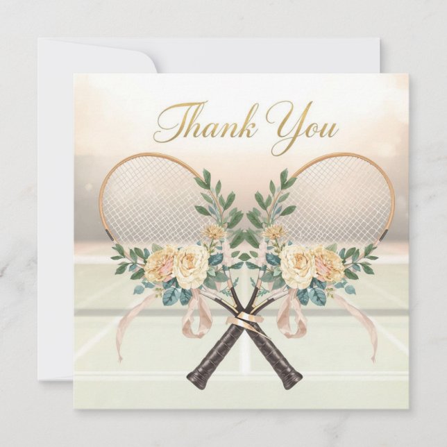 Cartão De Agradecimento Tennis Wedding Thank You Card with Floral Rackets (Frente)