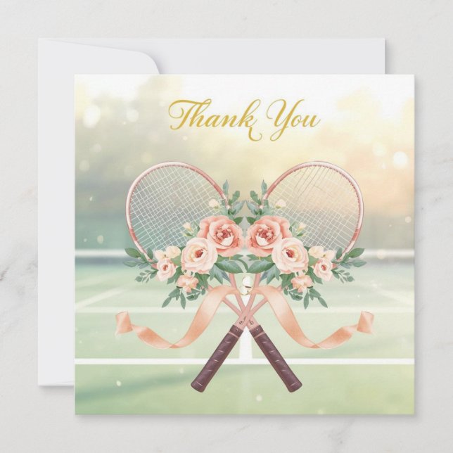 Cartão De Agradecimento Tennis Wedding Thank You Card with Floral Rackets (Frente)