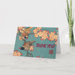 Cartão De Agradecimento Tentilhão-de-bico-grosso de Hokusai e Flor de Cere