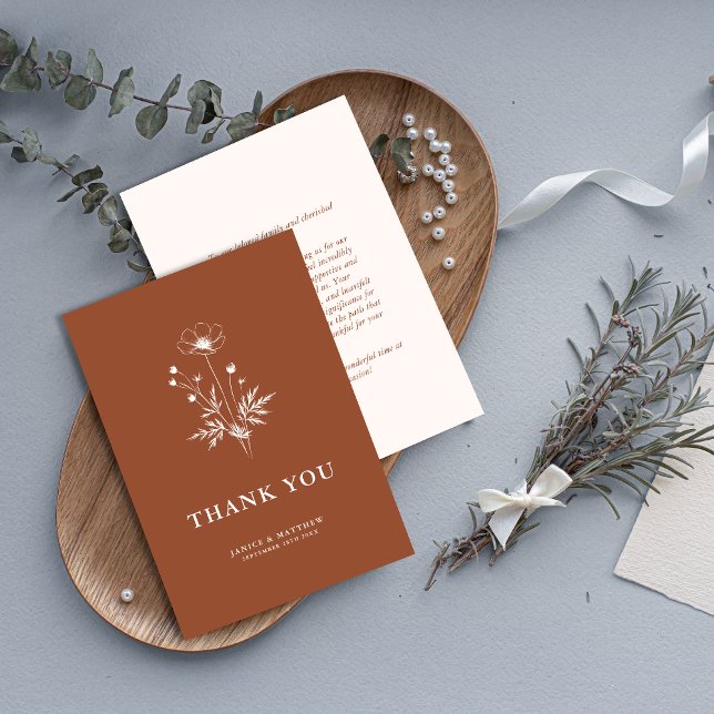 Cartão De Agradecimento Terracota de Flores Silvestres Rústicas Casamento  (Rustic terracotta boho thank you card adds floral charm and expresses heartfelt wedding gratitude.)