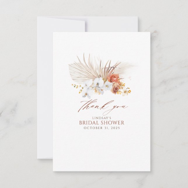 Cartão De Agradecimento Terracota e Flores Brancas Boho Obrigada (Frente)