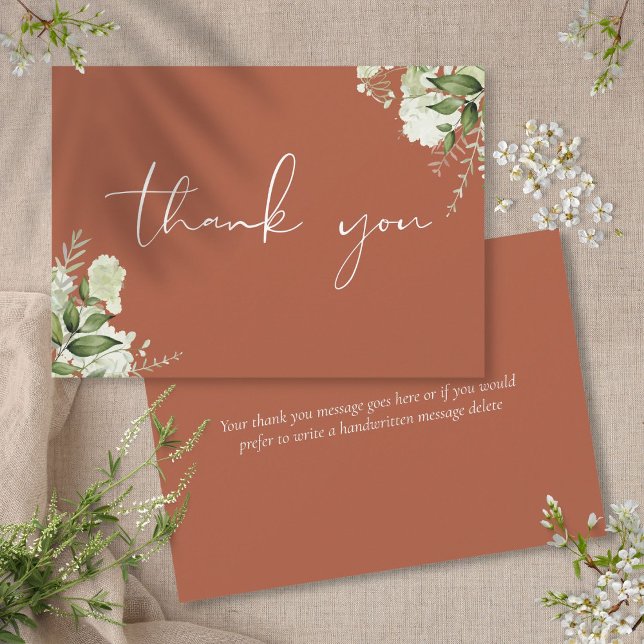 Cartão De Agradecimento Terracotta Greenery Personalizado Script Elegante (Personalized Terracotta Greenery Elegant Script Thank You Card)