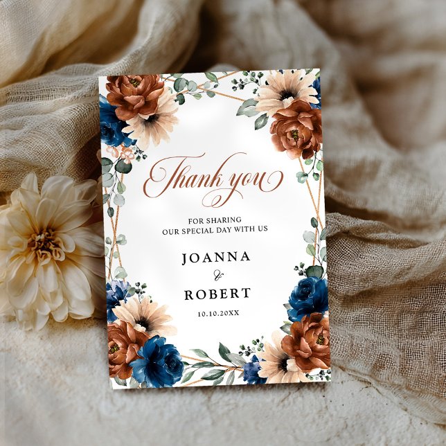 Cartão De Agradecimento Terracotta Marinho Blue Greenery Casamento Geométr (Terracotta Navy Blue Greenery Geometric Wedding Thank You Card)