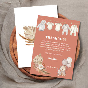 Cartão De Agradecimento Terracotta Pampas Boho Cute Bear Chá de fraldas