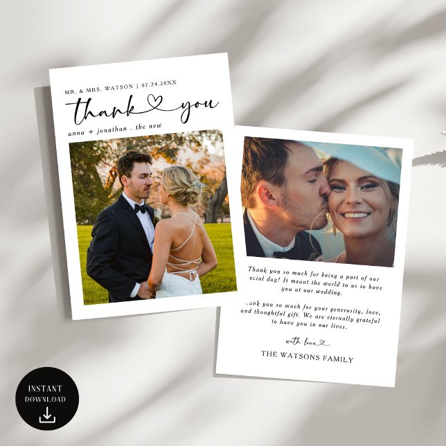 Cartão De Agradecimento Texto de Script Simples e Casamento de Foto Obriga (Criador carregado)