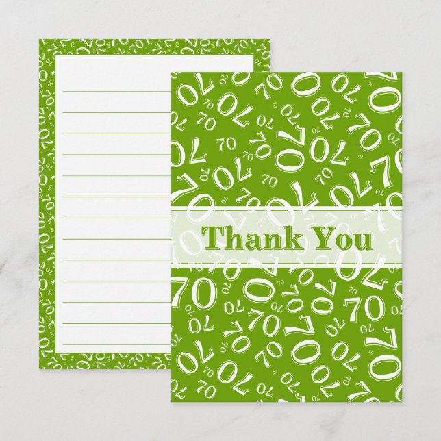 Cartão De Agradecimento Thank You 70 Birthday Number Pattern Green/White (Frente/Verso)