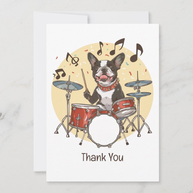 Cartão De Agradecimento Thank You Boston Terrier Dog Playing Drums (Frente)