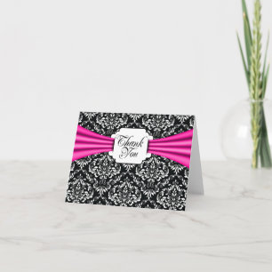 Cartão De Agradecimento Thank You Cards Black White Hot Pink Ribbon Damask