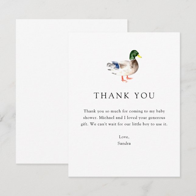 Cartão De Agradecimento Thank you Duck Baby Shower Elegant Simple Minimal (Frente/Verso)